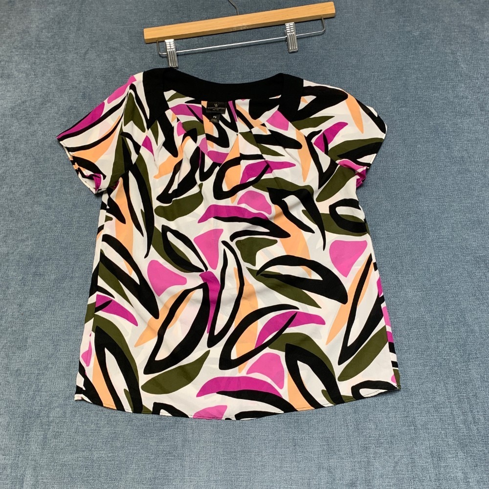 Worthington Blouse Top Womens PS Multicolor Abstract Print Short Sleeve Casual
